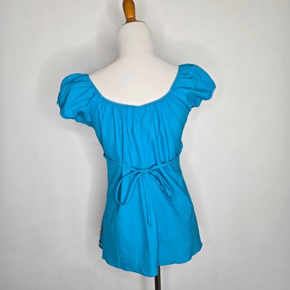 Vintage Y2K Floral Embroidered Peasant Blouse Blue Puff Fairy Women Medium - Picture 3 of 10
